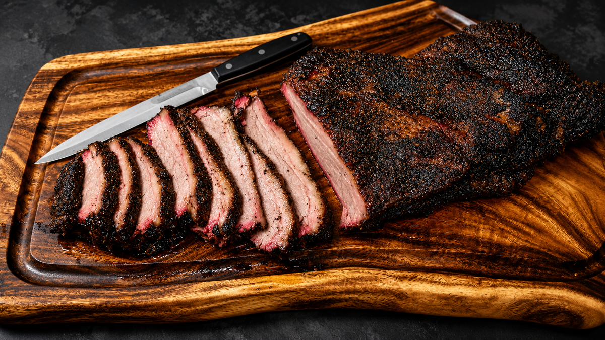 Sliced smoked brisket with a dark peppery bark