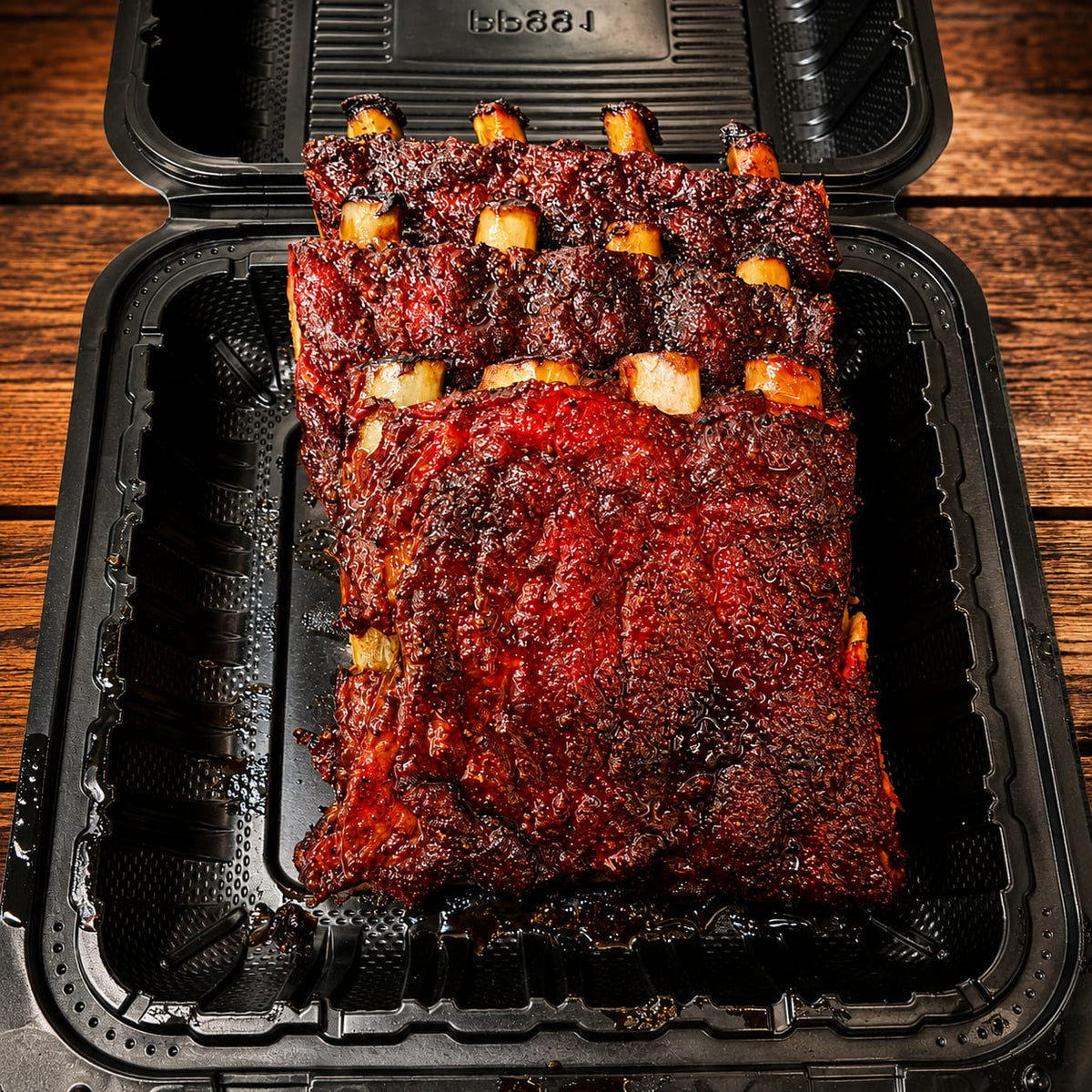 Full rack of smoked St. Louis ribs with a dark, glossy bark in a takeout container