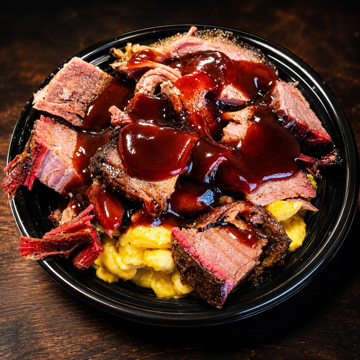 Texas Bowl: chopped brisket with BBQ sauce over mac and cheese